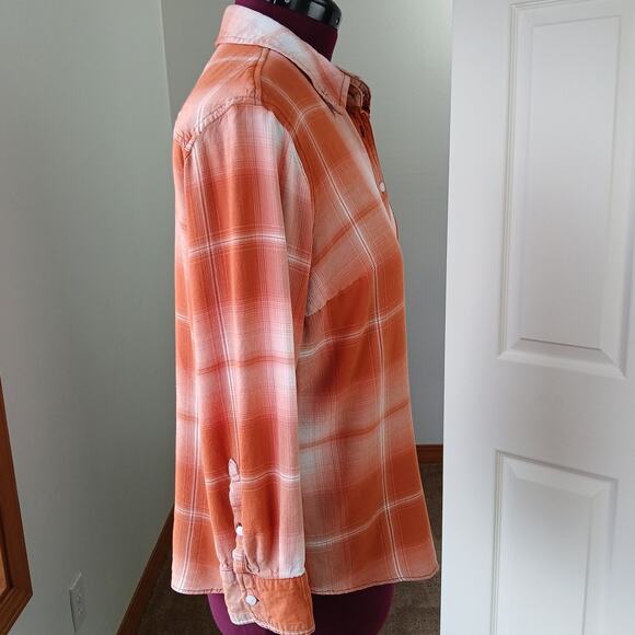 Ava & Viv Plaid Button Up Blouse 2X upcycle repaired orange long sleeve rayon - Picture 5 of 16